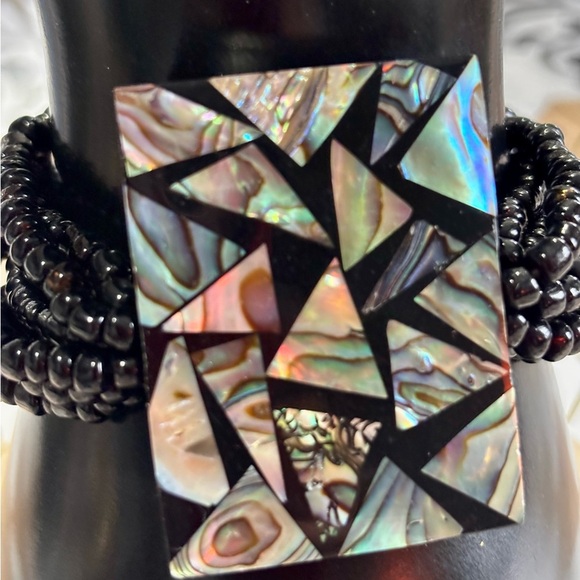 Vtg Stretch Bracelet Glass Beaded multi strand Inlaid Abalone Shell - Picture 3 of 7